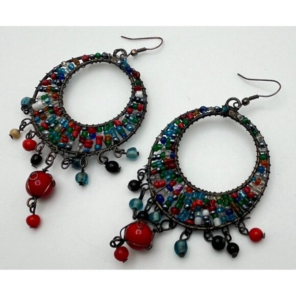 Colorful Beaded Hoop Earrings with Dangle Accents Silver Tone Seed Bead Rainbow - Picture 3 of 6
